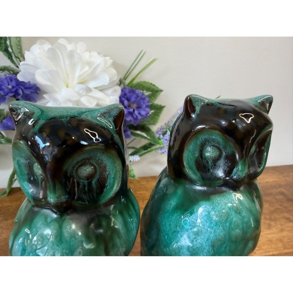 Vintage Blue Mountain Pottery Owls Canadian Art Pottery Green Drip Glaze Pair - Picture 8 of 8
